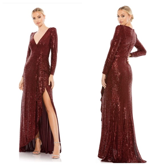 Mac Duggal Dresses & Skirts - Mac Duggal Burgundy Red Faux Wrap Sequin Long Sleeve Prom Evening Formal Gown 16